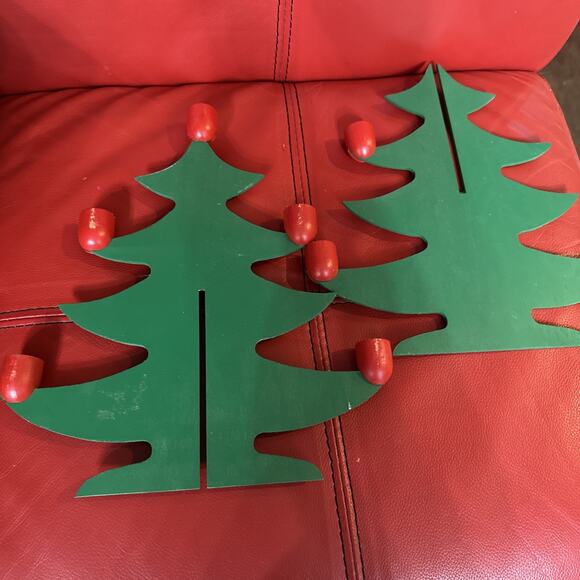 Swedish Wooden Christmas Tree Candle Holder 13" Interlocking Green Red Folk Art - Picture 4 of 4